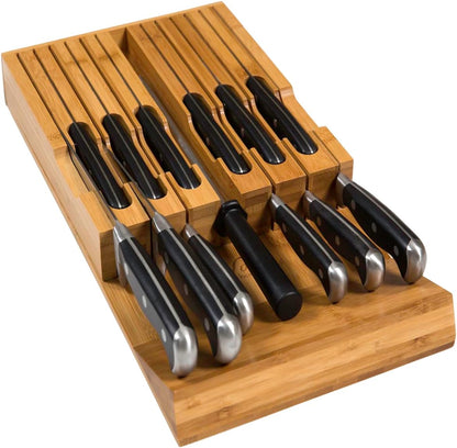 In-Drawer Bamboo Knife Block Holds 12 Knives (Not Included) Without Pointing Up PLUS a Slot for your Knife Sharpener! Noble home & chef Knife Organizer Made from Quality Moso Bamboo