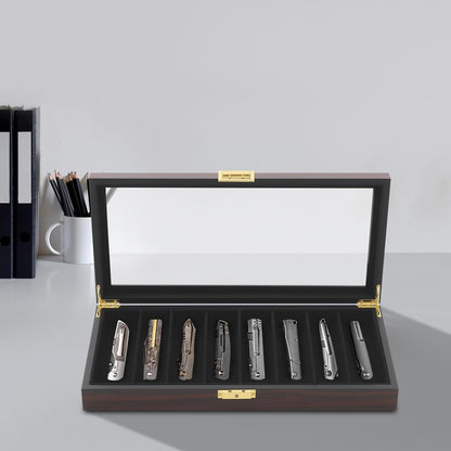 Knife Display Case 8 Slot Knife Storage Box with Lock,Transparent Glass Top, Pocket Knife Collection Organizer Multi Purpose Safe Lock Box, Men Gift (Ebony Color)