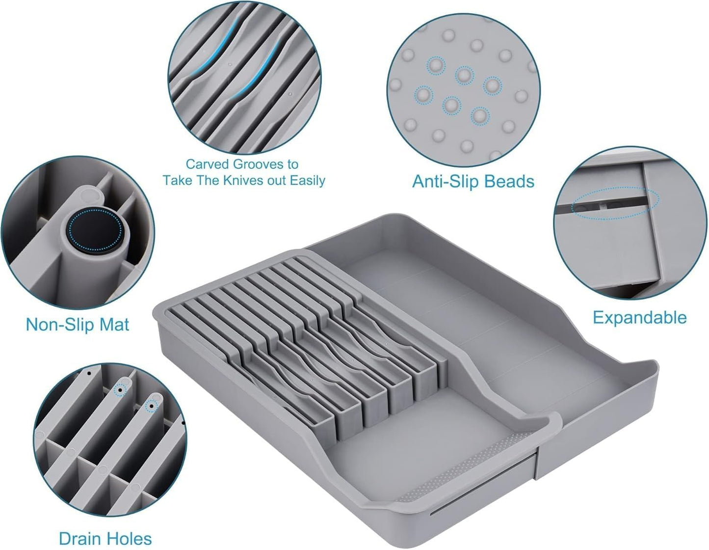 Expandable Drawer Knife Organizer, In-Drawer Knife Holder for 11 Knives, Adjustable Kitchen Drawer Knife Block with Drain Holes, BPA-Free Plastic Knife Storage Tray, Fits Steak & Chef Knives