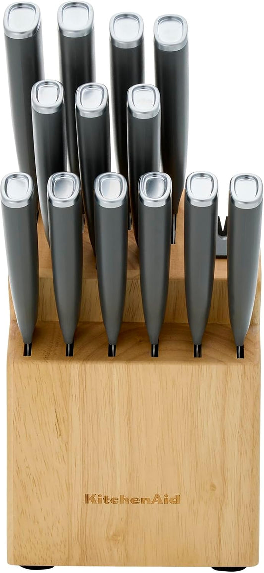 KitchenAid Classic Natural Knife Block Set with Built-In Sharpener, High-Carbon Japanese Stainless Steel Knives, Charcoal Gray, 14-Piece