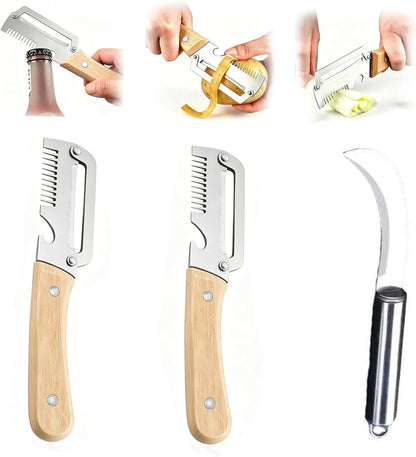 Premium Vegetable Peeler with Wooden Handle and Bottle Openerand Fish-Scaler Bring a Paring Machete,3in1 Ultra-Sharp Stainless Steel Kitchen knife Tool for Fruit Apple Potato Pumpkin Papaya(3PCS)