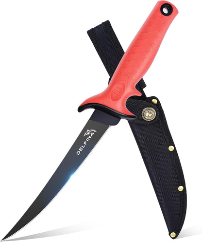 DELFINA 9 inch Fillet Knife For Fish, Ergonomic Soft Handle & Sheath, German Steel, Ideal for Filleting & Deboning