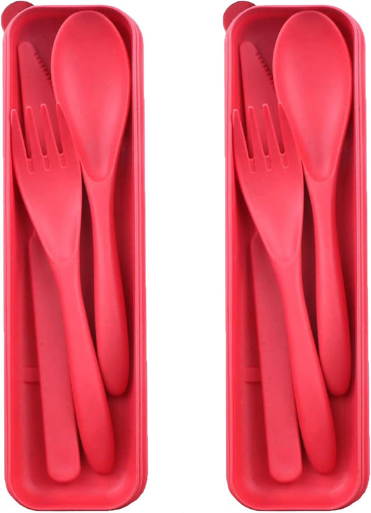 Reusable Travel Utensils Set with Case, 4 Sets Wheat Straw Portable Plastic Fork Spoons Knife Cutlery, Camping Eco-Friendly BPA Free Tableware for Kids Adults Work Picnic or Daily Use (Black)