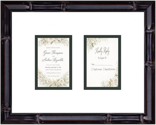 CountryArtHouse Heirloom 3.5x5 Enclosure Invitation and RSVP Keepsake Frame in Brown Genuine Hardwood 13.5x10.75 Artisan-Cut Double Mat White Paired With Metallic Gold Timeless Display