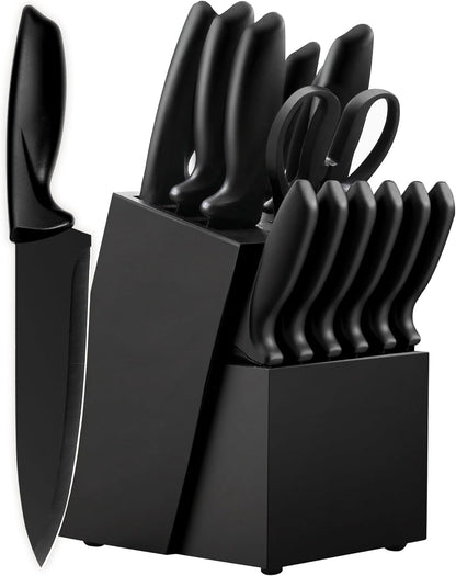 Knife Set, KroWallu 16 Pieces Knife Sets for Kitchen with Block, Dishwasher Safe Kitchen Knife Set with Built-in Sharpener, German Stainless Steel Black Knife Block Set