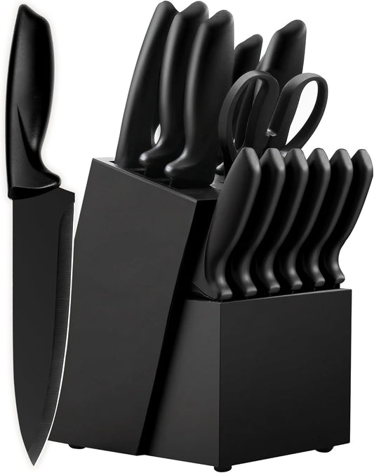 Knife Set, KroWallu 16 Pieces Knife Sets for Kitchen with Block, Dishwasher Safe Kitchen Knife Set with Built-in Sharpener, German Stainless Steel Black Knife Block Set