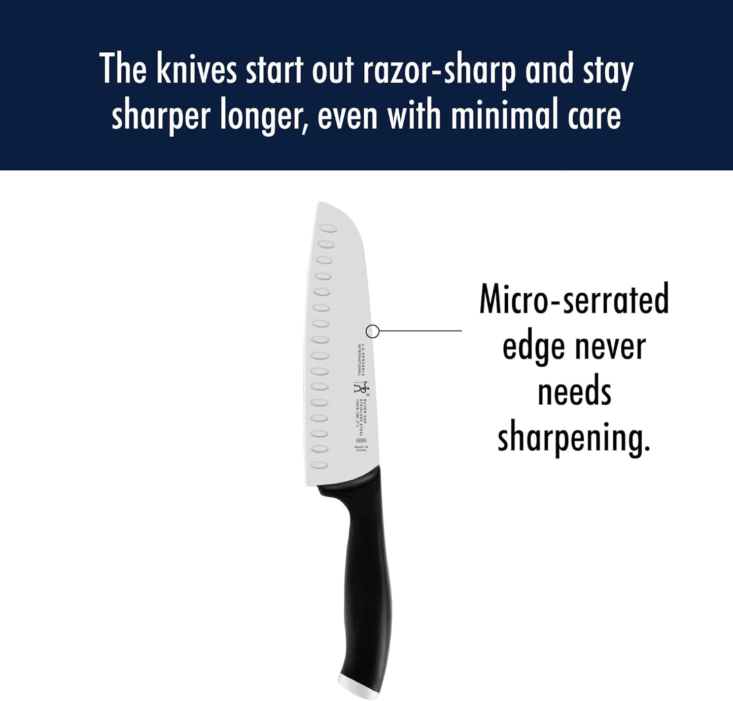 HENCKELS Silvercap Razor-Sharp Hollow Edge Santoku Knife 7-inch, German Engineered Informed by 100+ Years of Mastery, Black/Stainless Steel