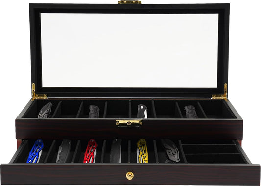 Single Tier Pocket Knife Display Case 8 Slot Lockable Knife Storage Box Knife Collection Display Holder with Transparent Glass Top & Drawer for Utility Knife, Camping Knife (Ebony Color)