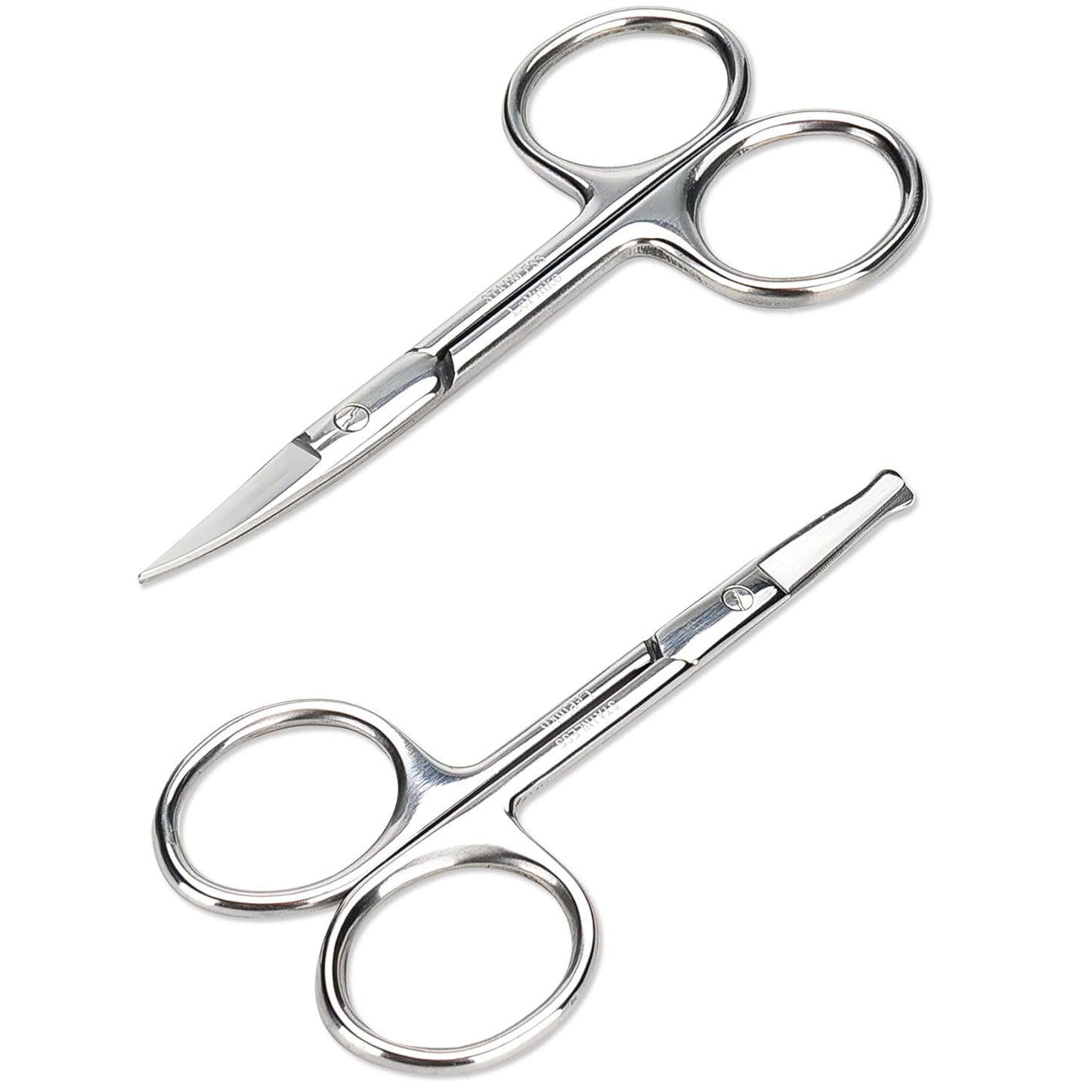 Facial Hair Small Grooming Scissors For Men Women - Eyebrow, Nose Hair, Mustache, Beard, Eyelashes, Ear Trimming Kit - Curved and Rounded Safety Tip Clippers For Hair Cutting - 2PCS Silver