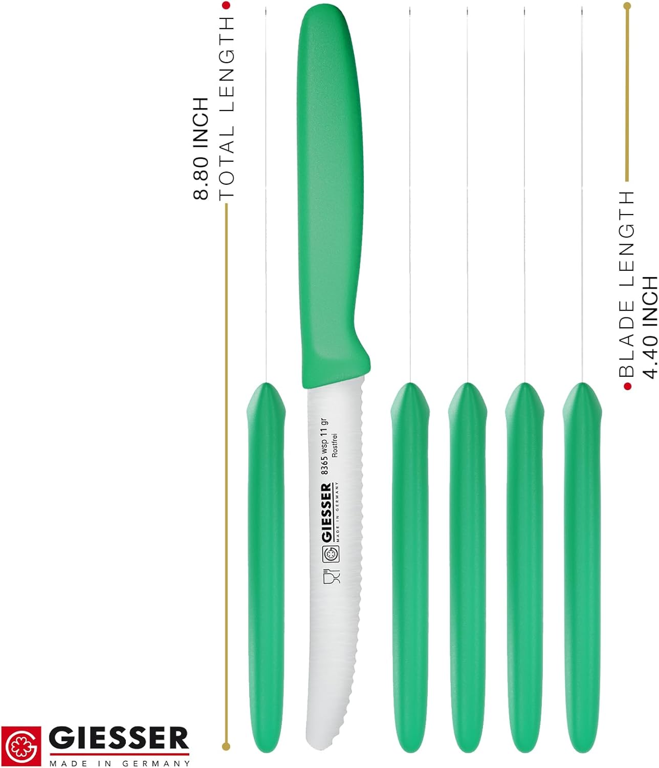 Giesser since 1776, Made in Germany, Serrated kitchen knives round tip dishwasher safe 4.5 inch - Tomato knife, Steak knive set of 6 (MIX Color)