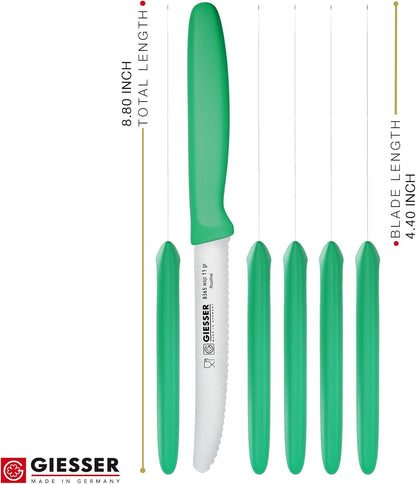 Giesser since 1776, Made in Germany, Serrated kitchen knives round tip dishwasher safe 4.5 inch - Tomato knife, Steak knive set of 6 (MIX Color)