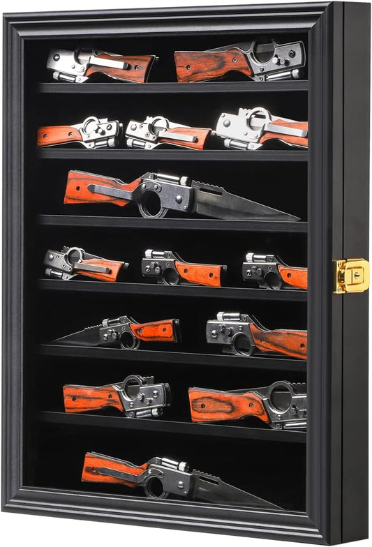 Jinchuan Knife Display Case - Pocket Knife Stand for Collections - Military Folding Knife Shadow Box Wall Cabinet with Uv Protection Acrylic Lockable,Small Black