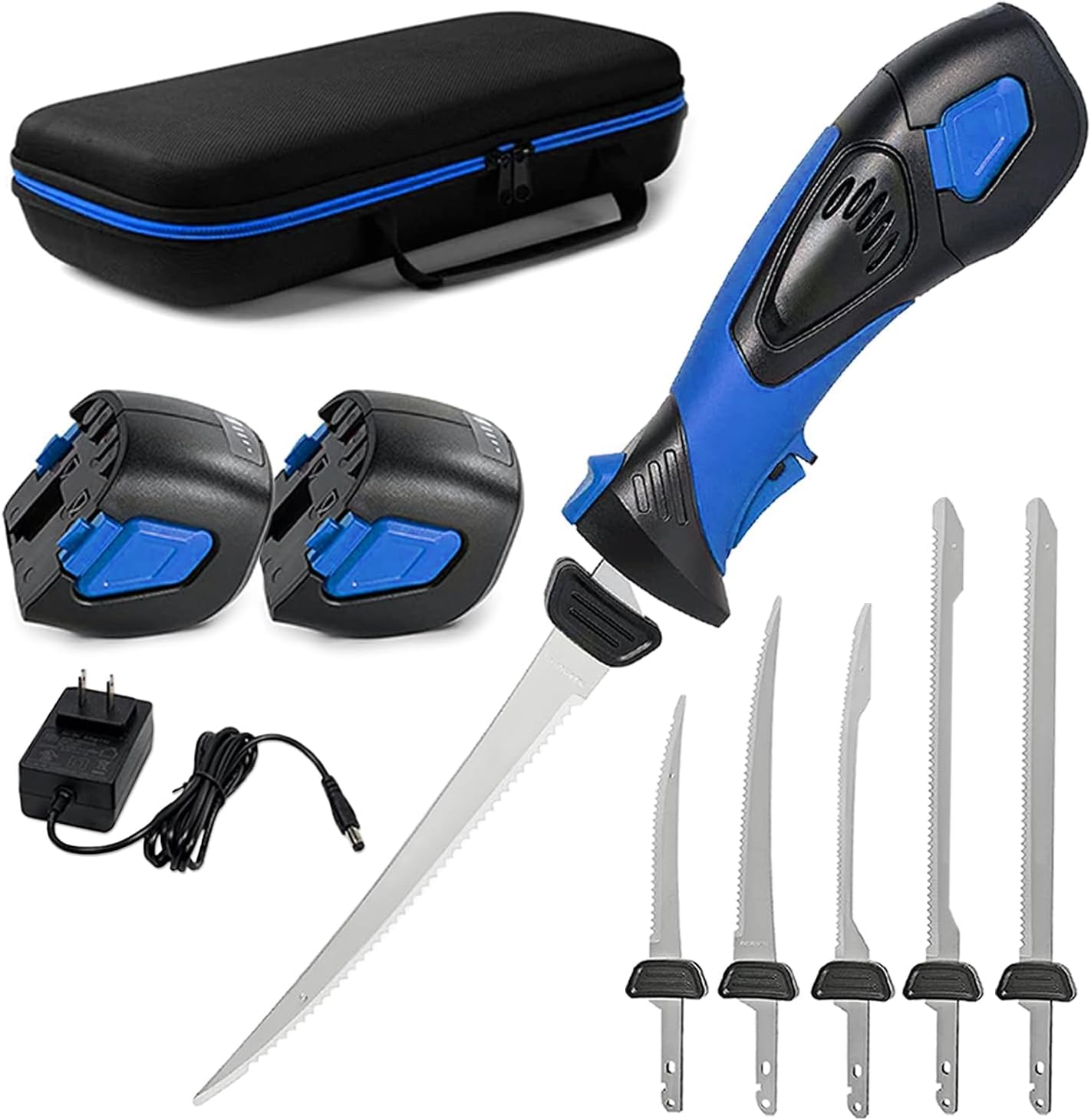 Cordless Electric Fillet Knife - 5 Ti-Nitride Coated Non-Stick Blades, Ergonomic Non-Slip Grip Handle & Cooling Vent Stylish with Carry Bag,Perfect Electric Knife for Effortless Fishing (Red)