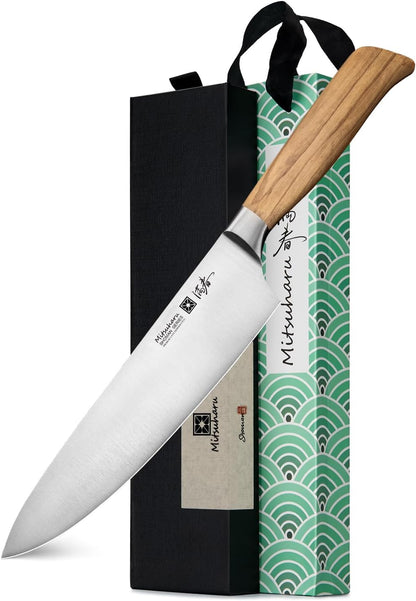 Mitsuharu 7 inch Nakiri Knife, SHOMAN Series Vegetable Knife, Razor Sharp Blade, Ergonomic Olive Wood Handle, German Steel Meat Cleaver, Japanese Chef Knife, Vegetable Kitchen Knife with Case