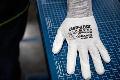 Majestic Cut-Less Dyneema Glove with Polyurethane Palm | 1 Pair - LG | 13 Gauge Liner, ANSI A3, Lightweight Comfort, Breathable, White/White | for Automotive, Industrial, Manufacturing | 37-3435