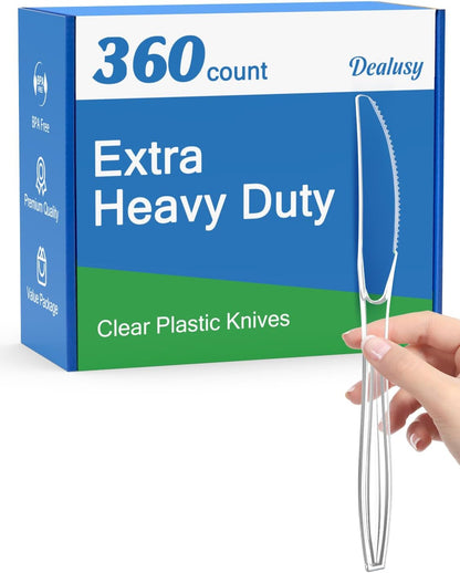 Dealusy 360 Count Extra Heavy Duty Clear Plastic Knives Disposable, BPA-Free, Heat Resistant, Solid and Durable Disposable Knives Bulk, Premium Plastic Knives heavy duty for Party Supply