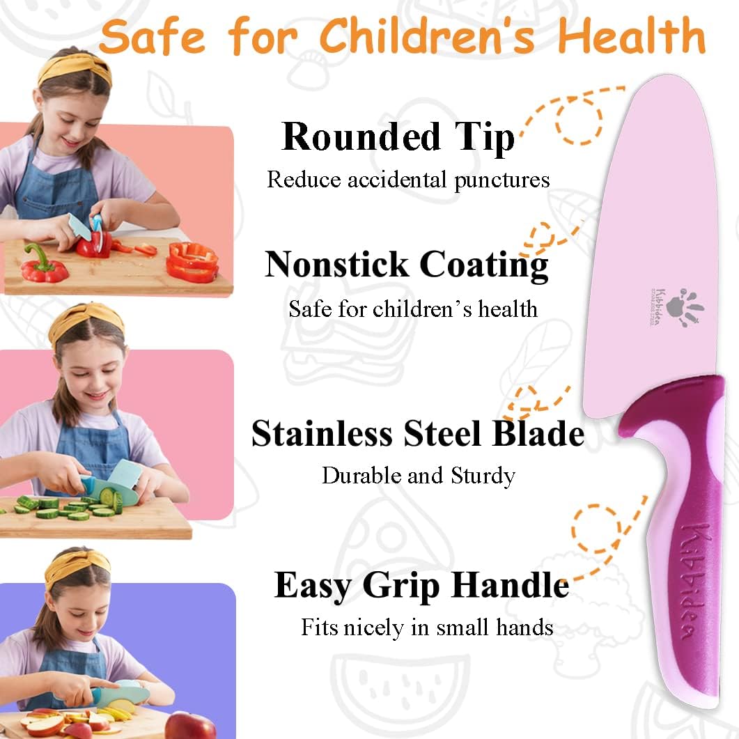 Kibbidea Kids Knife Set for Real Cooking, 4-Piece Stainless Steel Kids Chef's Knives with Peeler, Finger Guard, Protective Glove for Cutting Peeling, Kitchen Knives for Teenager 8-12 (Purple)