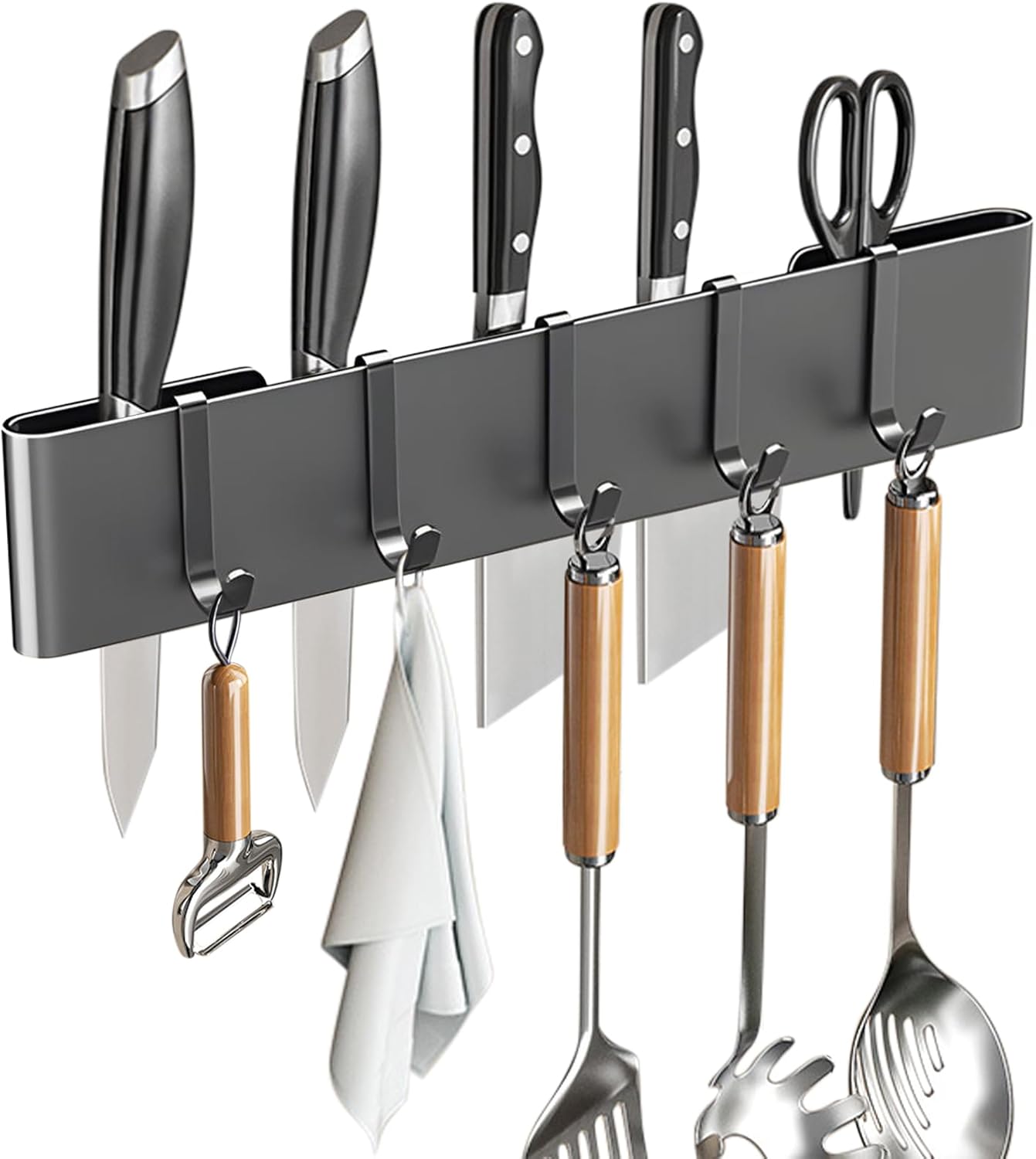 Knife Holder for Wall Mount-Knife Strips with Hooks Stainless Steel Wall Knife Rack-Knife Block-Knife Rack-Utensil Hanger-Kitchen Utensil Holder (Black, 50 CM+9 Hooks)