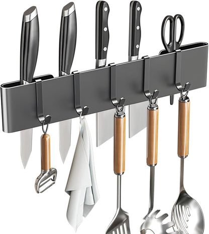 Knife Holder for Wall Mount-Knife Strips with Hooks Stainless Steel Wall Knife Rack-Knife Block-Knife Rack-Utensil Hanger-Kitchen Utensil Holder (Black, 50 CM+9 Hooks)