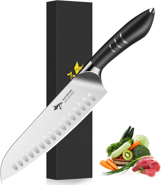 MAD SHARK 8 Inch Santoku Knife - Ultra Sharp Japanese Kitchen Knife with High Carbon German Steel, Ergonomic Handle, Ideal for Slicing, Dicing, Cutting - Unique Gift for Chefs, Men & Women (Black)