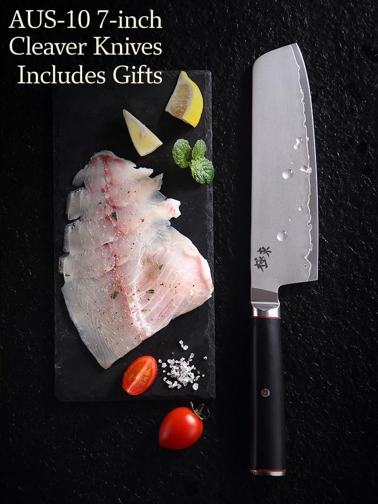 Japan Aichi AUS10 Triple Layer Composite Steel 8-inch Chef's Knife,Gyuto，Meat Cleavers，G10 Handle, Forged Kitchen Knife，Black Walnut Knife Sheath Set