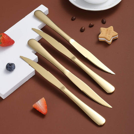 Gold Steak Knife Set, Kyrtaon Golden Serrated Knife, Titanium Gold Plating Stainless Steel Sharp Knives Set, Dinner Knifes Set of 8, Dishwasher Safe Sturdy And Easy To Clean