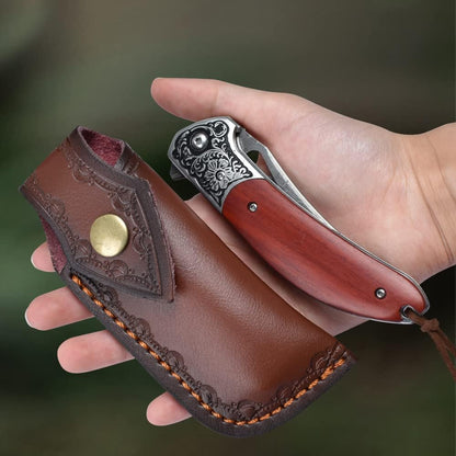 KOMWERO Damascus Pocket Knife for Men, VG10 Core Damascus Steel Folding Knife with Wood Handle, Ball Bearing, Thumb Hole, Liner Lock, Sheath for EDC Outdoor Survival Hunting
