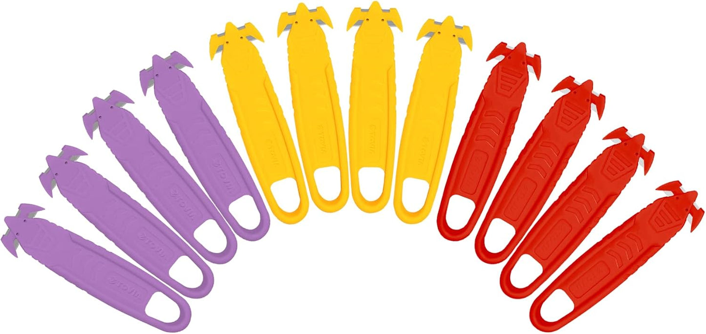 T TOVIA Safety Box Cutter Knife of Recessed Concealed Stainless Steel Blade, 10-Pack Package Opener Plastic Cutter for Box, Carton, Shrink Wrap, Plastic Straps, 5 Color