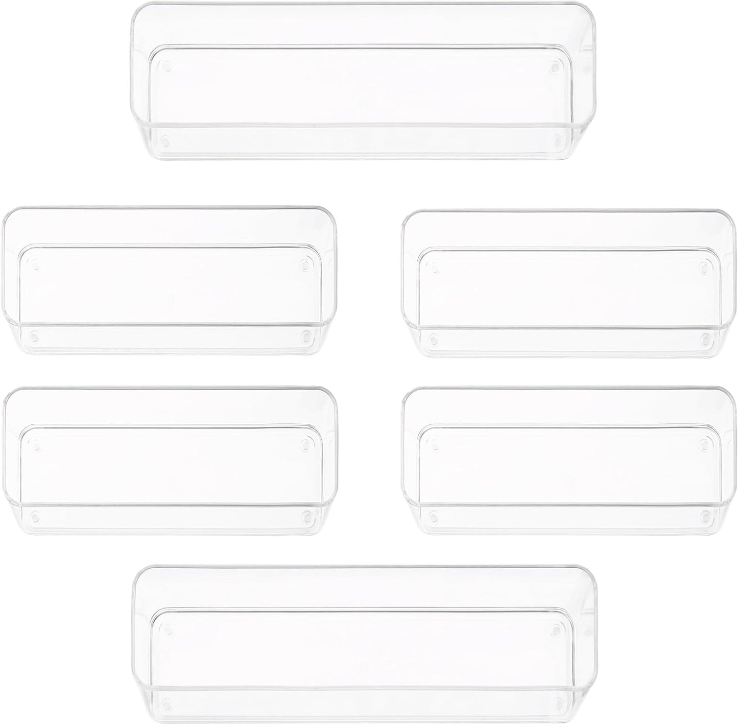primebox Six Pcs. Plastic Clear Drawer Organizers. Stackable Storage Trays for Kitchen Utensils and Silverware. 2 Sizes. Stackable