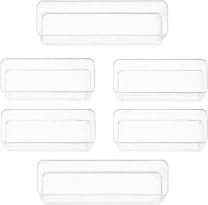 primebox Six Pcs. Plastic Clear Drawer Organizers. Stackable Storage Trays for Kitchen Utensils and Silverware. 2 Sizes. Stackable