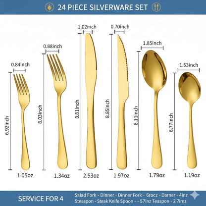 GPY Black Silverware Set, 24-Piece Stainless Steel Flatware Set Service for 4, Titanium Plated Black Eating Utensils, Modern Mirror Finish Cutlery for Kitchen & Home