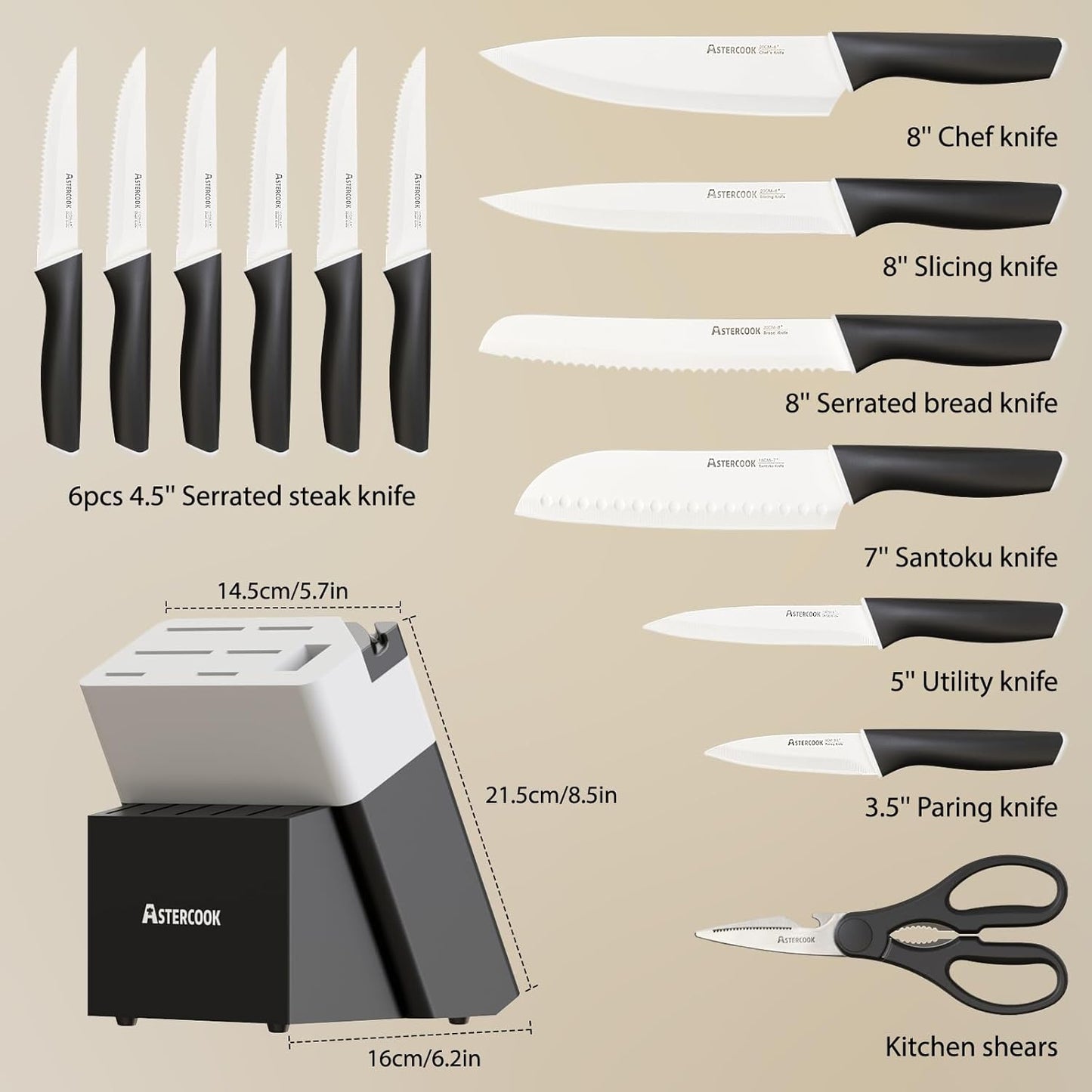 Astercook Knife Set, Kitchen Knives Set with Block and Sharpener 15 Pcs German Stainless Steel Knives Sharp Blade Dishwasher Safe Deba Knives with Ergonomic Handle, Crystal Pink