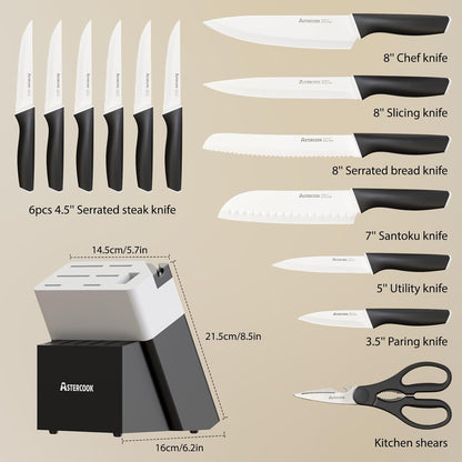 Astercook Knife Set, Kitchen Knives Set with Block and Sharpener 15 Pcs German Stainless Steel Knives Sharp Blade Dishwasher Safe Deba Knives with Ergonomic Handle, Crystal Pink