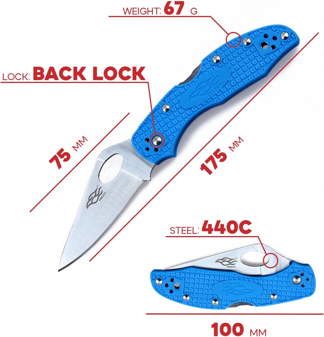 Firebird GANZO F759MS-BL Folding Pocket Knife 440C Stainless Steel Serrated Blade Anti-Slip Handle with Clip Fishing Camping EDC Utility Pocket Knife (Blue)
