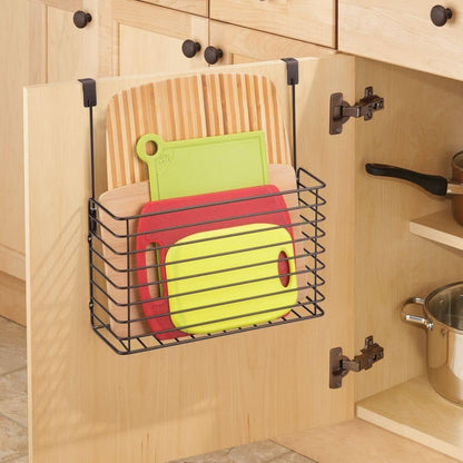 mDesign Over The Cupboard Hanging Storage Basket – Metal Bakeware Organiser and Cutting Board Holder – Excellent Kitchen Storage Solution – Bronze
