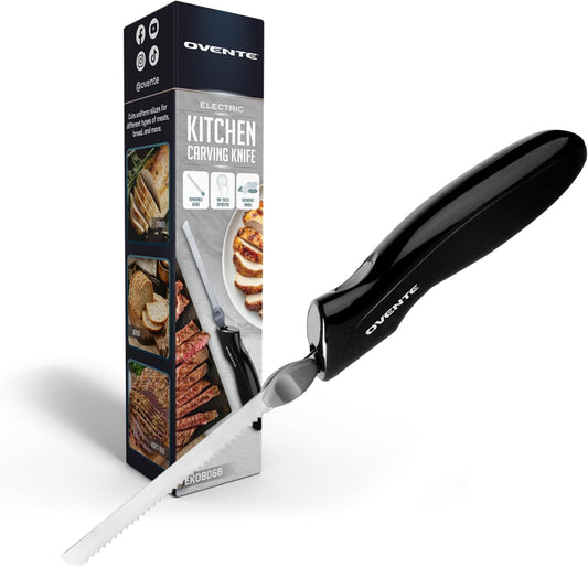 OVENTE Electric Knife Set with Two Serrated Stainless Steel Blades, Carving Fork, Storage Case, Safety Lock Button and Ergonomic Handle for Slicing Meat, Bread, Poultry, Fish and More, Black EK0813B
