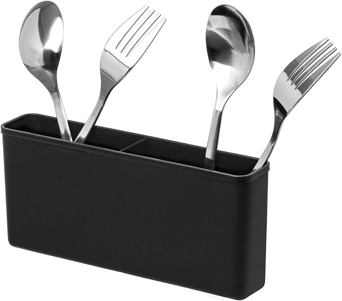 SANNO Dish Rack Utensil Holder, Hanging Cutlery Drainer Caddy with Hooks, 2 Compartment Flatware Organizer for Forks, Spoons, Knives, Fits Over Most Dish Drying Racks, Black