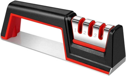 3-Stage Knife Sharpener - Pull-Through Manual Sharpening System with Ergonomic Handle Grip to Restore and Sharpen Straight Kitchen Knives
