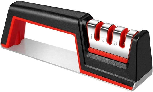 3-Stage Knife Sharpener - Pull-Through Manual Sharpening System with Ergonomic Handle Grip to Restore and Sharpen Straight Kitchen Knives