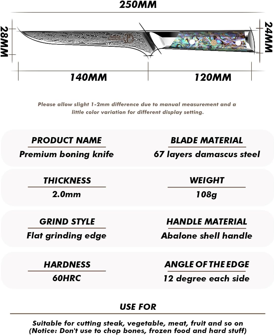 Fanteck 6" Boning Fillet Knife,Damascus Japanese Pro Vg10 67 Layer Sharp Curved Flexible Blade Kitchen Deboning Knives for Fish Poultry Chicken Meat Cutting-Full Tang Abalone Shell Handle&Wooden Cover