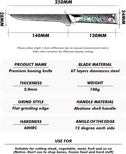 Fanteck 6" Boning Fillet Knife,Damascus Japanese Pro Vg10 67 Layer Sharp Curved Flexible Blade Kitchen Deboning Knives for Fish Poultry Chicken Meat Cutting-Full Tang Abalone Shell Handle&Wooden Cover