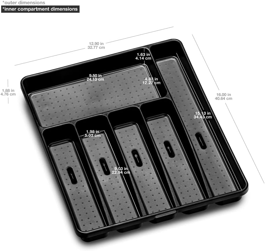 madesmart Premium Silverware Tray, 6 Compartment Flatware Organizer for Forks, Knives & Spoons, Non Slip, Soft Grip Lining, Durable Drawer Organizer, Black