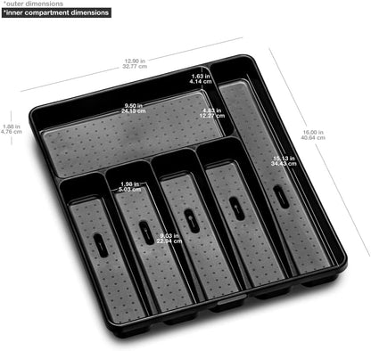 madesmart Premium Silverware Tray, 6 Compartment Flatware Organizer for Forks, Knives & Spoons, Non Slip, Soft Grip Lining, Durable Drawer Organizer, Black