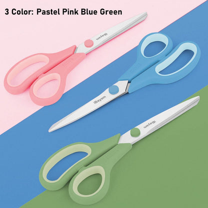 iBayam 8.5 Inch Scissors All Purpose Heavy Duty 3 Pack, 2.5mm Thick Ultra Sharp Blade Comfort-Grip for Office Classroom School Cardboard Craft Desk, Left/Right Handed, Cute Pastel Pink Blue Green