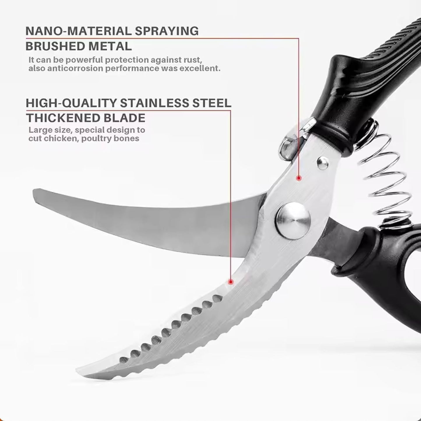 Heavy Duty Kitchen Chicken Scissors,Stainless Steel Multipurpose Kitchen Spring Loaded Meat Shears Poultry Shears with Anti-Slip Handle,Easier Cutting Fish Meat Bone Chicken (BLACK)