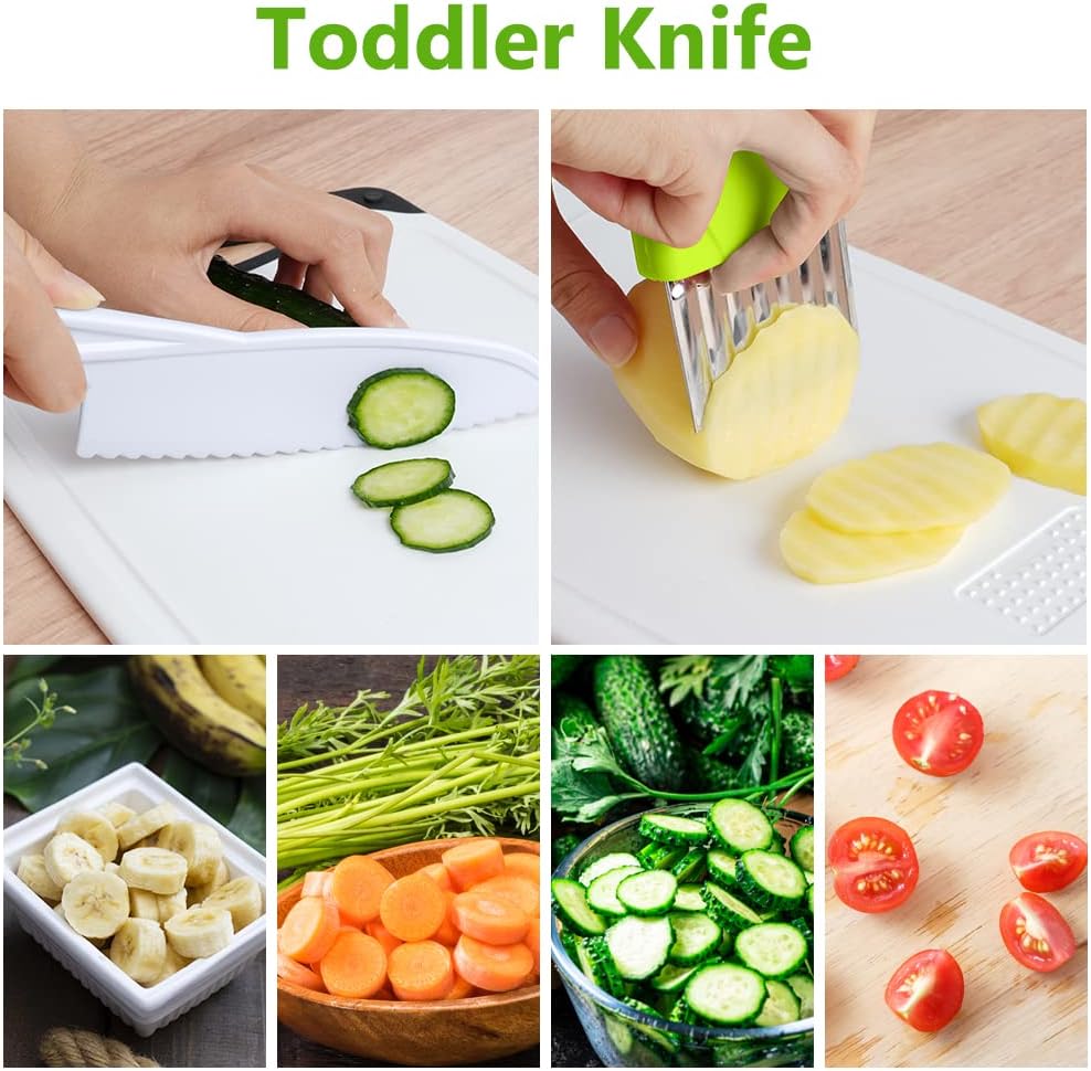 HOTUT Montessori Kitchen Tools,6Pieces Knives for Kids Nylon Kids Safe Cooking Knives Serrated Edges,Y Peeler For Cooking and Cutting Fruit,Suitable for Children and Beginners