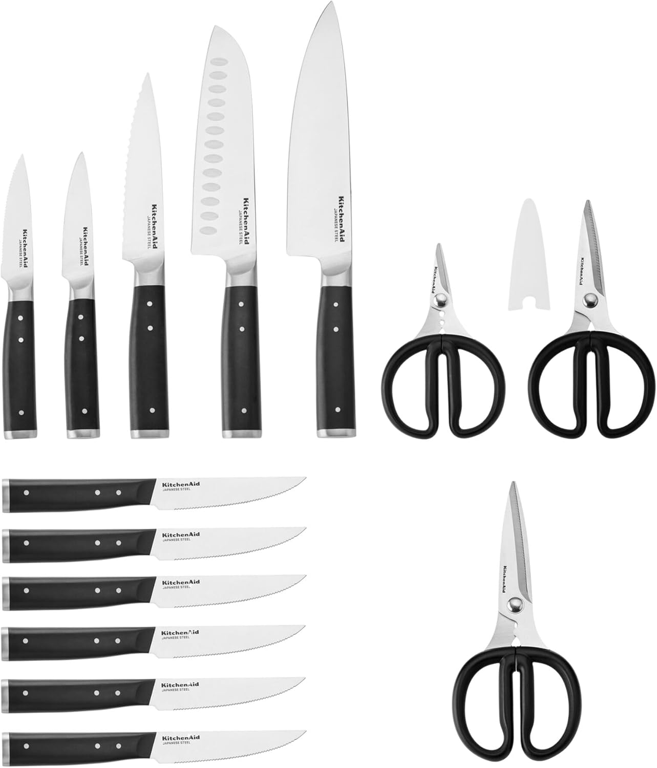 KitchenAid Gourmet Forged Triple Rivet Knife Block Set with Built-in Knife Sharpener, High Carbon Japanese Stainless Steel Kitchen Knives, Sharp Kitchen Knife Set with Block, Birchwood, 14-Piece