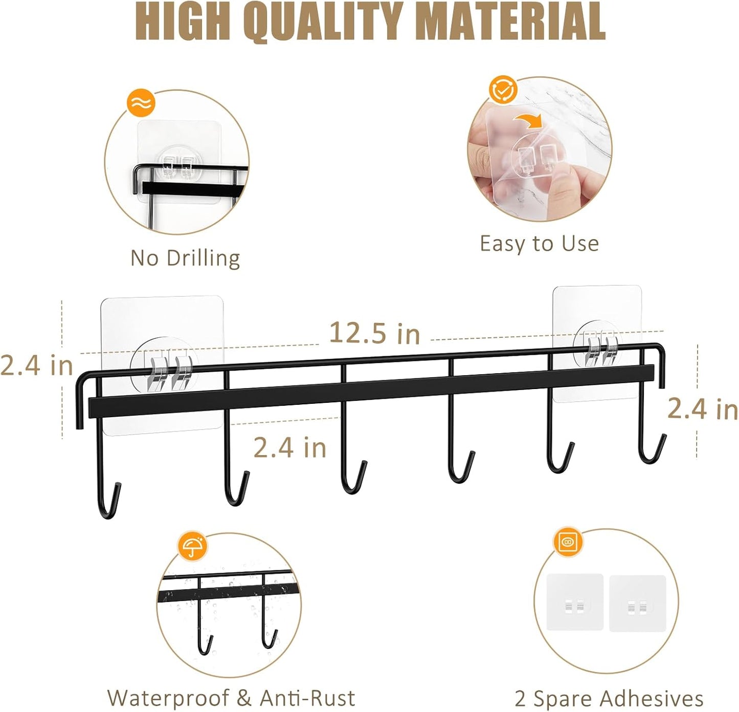 Kitchen Utensil Hanger, Adhesive Utensil Holder Wall Mount Kitchen Rack Rail with 12 Hooks, Space Saving and No Drilling, White, 2 Pcs
