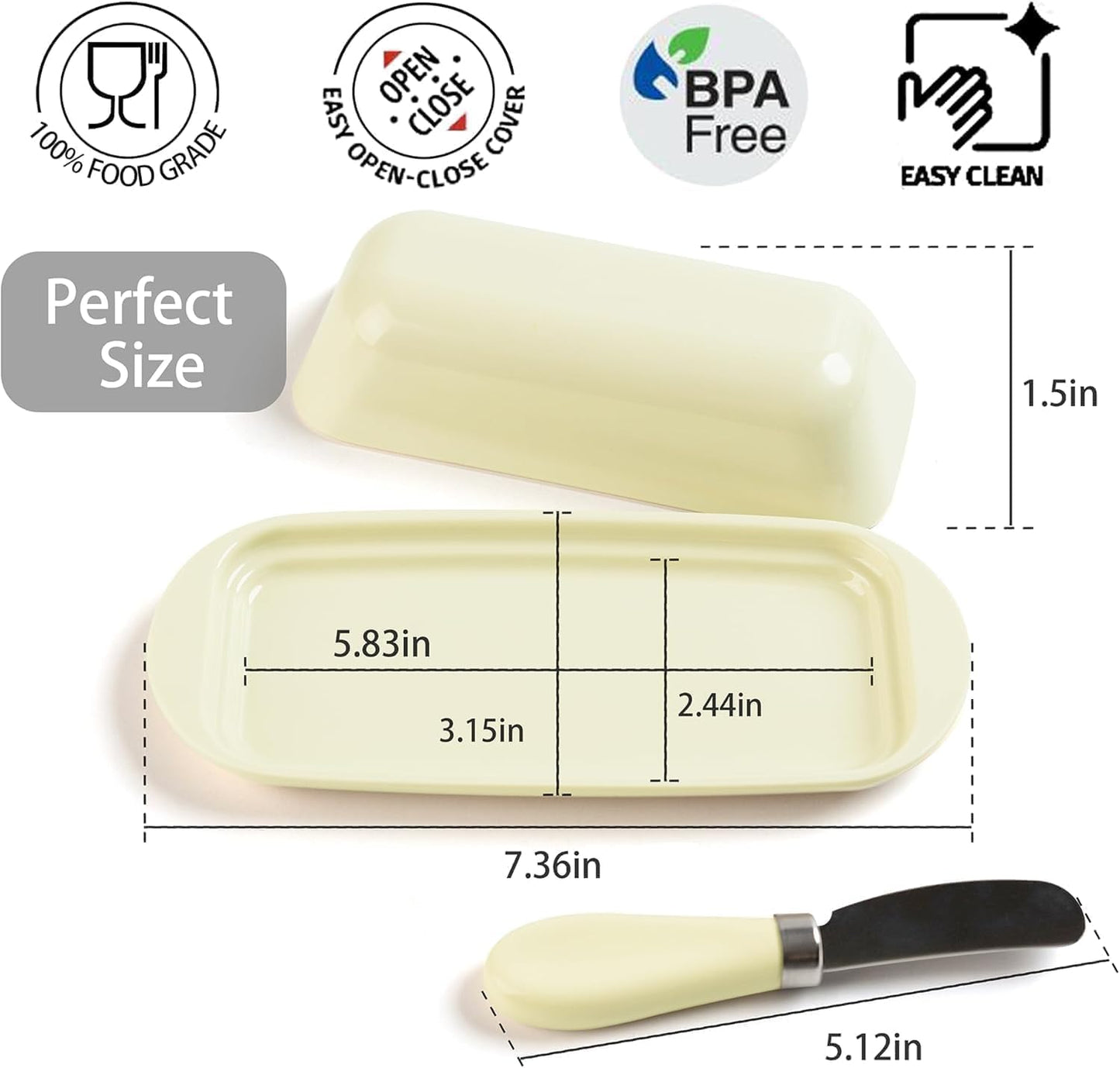 BPA-Free Melamine Butter Dish with Lid & Stainless Steel Knife - Farmhouse Butter Keeper for Countertop & Refrigerator, Dishwasher Safe, Holds 1 Stick with East & West Coast Butter-Cream