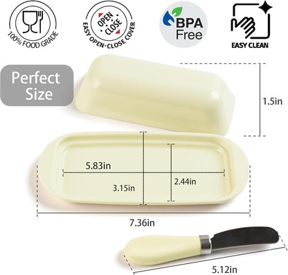 BPA-Free Melamine Butter Dish with Lid & Stainless Steel Knife - Farmhouse Butter Keeper for Countertop & Refrigerator, Dishwasher Safe, Holds 1 Stick with East & West Coast Butter-Cream